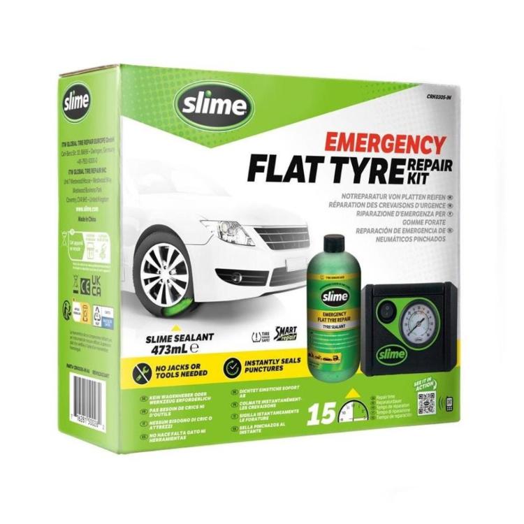 Embalaža kompleta Slime Emergency Flat Tire Repair s tesnilno tekočino in kompresorjem za pnevmatike.