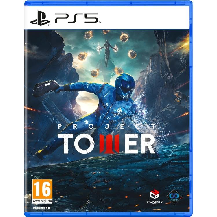 Igra Project Tower za PlayStation 5 v fizični embalaži, z znanstvenofantastičnim akcijskim prizorom in oznako PEGI 16.