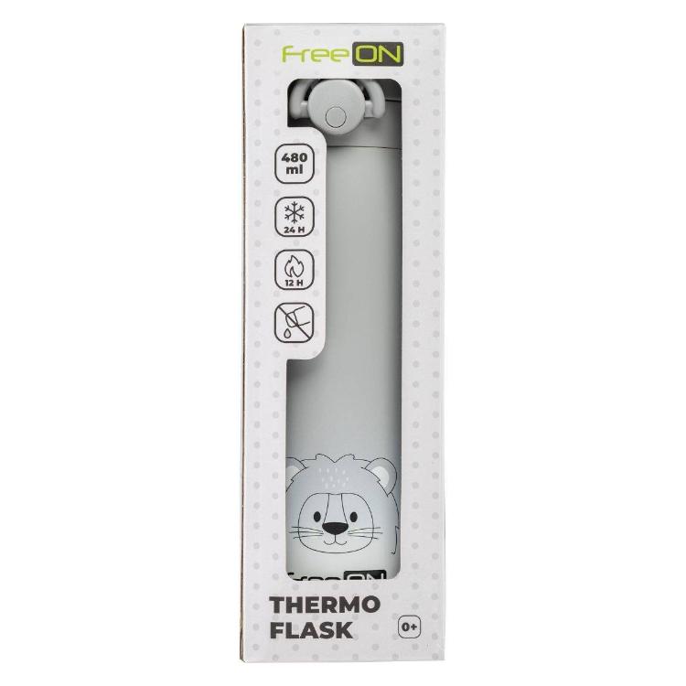 Embalaža FreeON termo stekleničke 480 ml v sivi barvi z označbami ohranjanja temperature (24 h hladno, 12 h toplo)