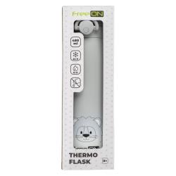 Embalaža FreeON termo stekleničke 480 ml v sivi barvi z označbami ohranjanja temperature (24 h hladno, 12 h toplo)