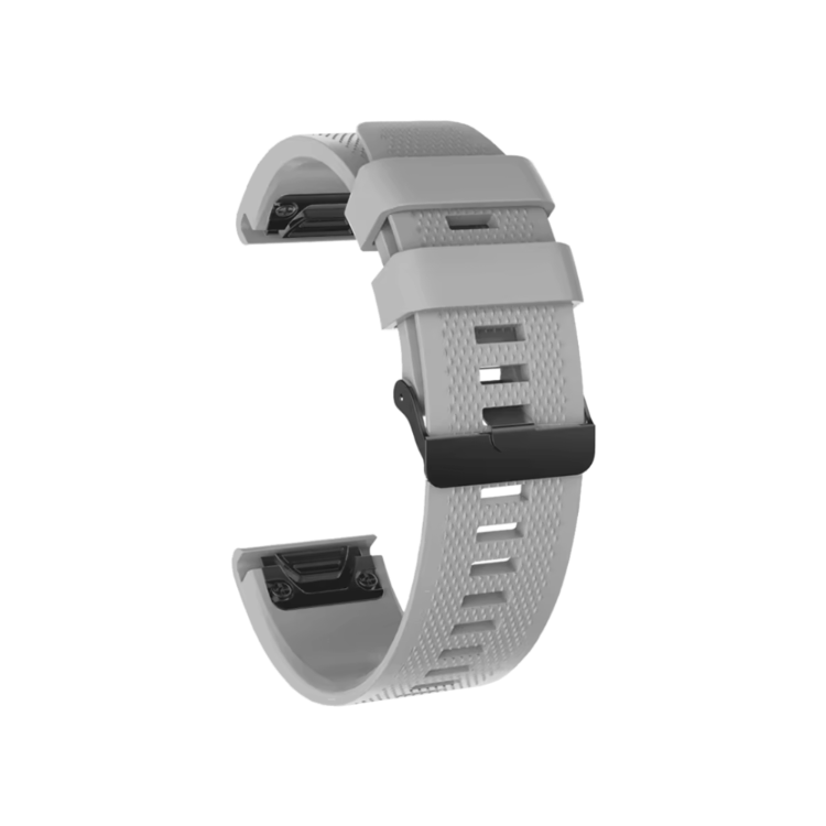 Siv silikonski pašček za Garmin (20mm) z nastavljivo dolžino, teksturirano površino in kovinsko zaponko zagotavlja udobno ter varno nošenje med športom in vsakodnevno uporabo.