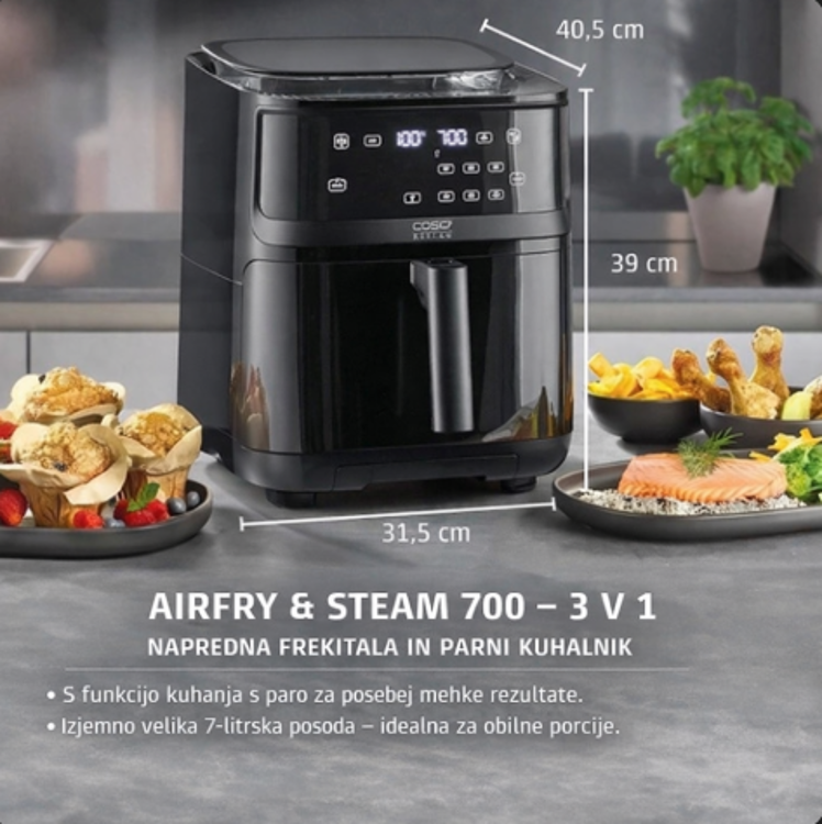 Caso AirFry & Steam 700 na kuhinjskem pultu z označenimi merami naprave (40,5 × 31,5 × 39 cm) in prikazom jedi za pripravo