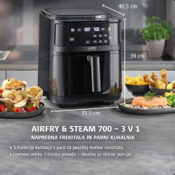 Caso AirFry & Steam 700 na kuhinjskem pultu z označenimi merami naprave (40,5 × 31,5 × 39 cm) in prikazom jedi za pripravo