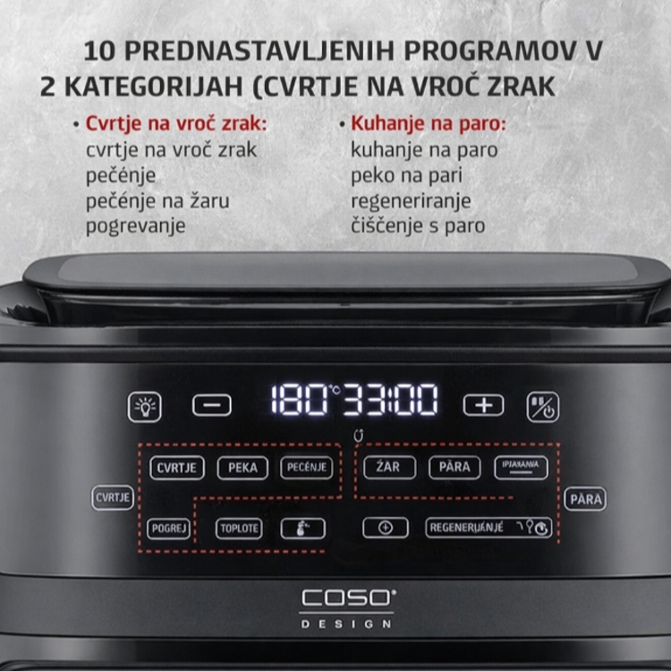 Upravljalna ploščRazstavljen Caso AirFry & Steam 700 s keramično posodo brez PFAS, rešetko in odstranljivo posodo za vodo, primerno za pomivanje v pomivalnem strojua Caso AirFry & Steam 700 z 10 prednastavljenimi programi za cvrtje na vroč zrak, pečenje, žar, kuhanje na paro in regeneracijo jedi