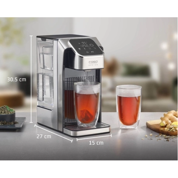 Dozator vroče vode CASO HW 2700 z rezervoarjem prostornine 2,7 litra, kompaktnimi dimenzijami 30,5 × 15 × 27 cm in elegantnim ohišjem iz nerjavečega jekla omogoča hitro pripravo vroče vode za čaj, kavo in druge napitke.