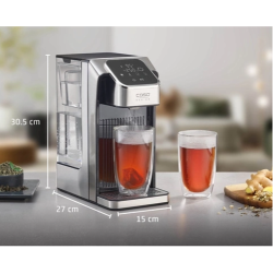 Dozator vroče vode CASO HW 2700 z rezervoarjem prostornine 2,7 litra, kompaktnimi dimenzijami 30,5 × 15 × 27 cm in elegantnim ohišjem iz nerjavečega jekla omogoča hitro pripravo vroče vode za čaj, kavo in druge napitke.