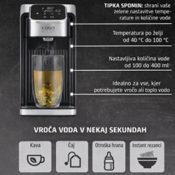 Dozator vroče vode CASO HW 2700 z inteligentnim upravljanjem na dotik, natančno regulacijo temperature in možnostjo priprave različnih vrst čaja omogoča optimalen okus napitkov ter občutno zmanjša porabo vode in energije v primerjavi s klasičnim grelnikom vode.