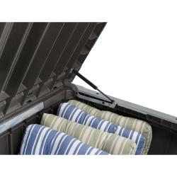 Keter vrtna shranjevalna skrinja z odprtim pokrovom, vidne blazine v notranjosti