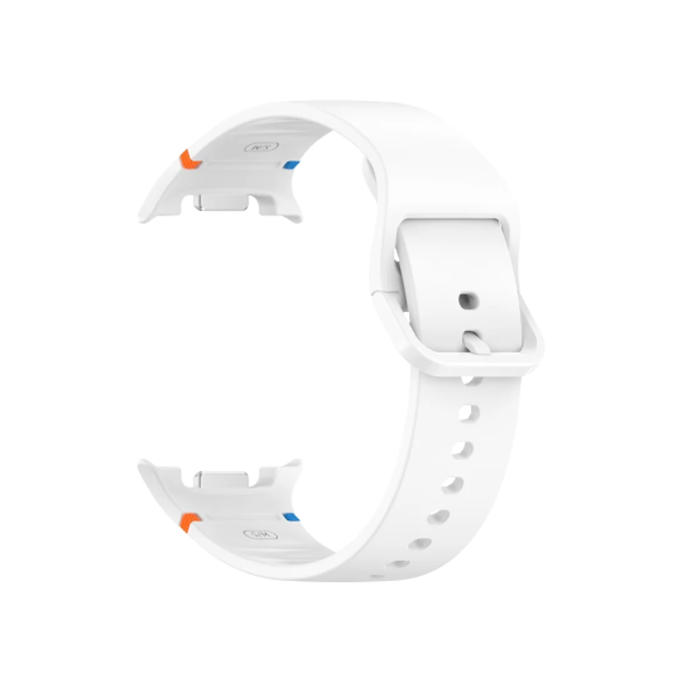 Bel silikonski pašček Samsung Stitch za Galaxy Watch, mehak material, kontrastni detajli in klasična zaponka.