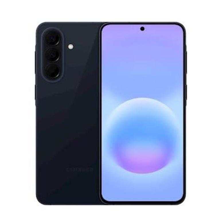 Sprednji in zadnji pogled na telefon Samsung Galaxy z osrednjo kamero na zaslonu in trojno kamero zadaj, temno moder.