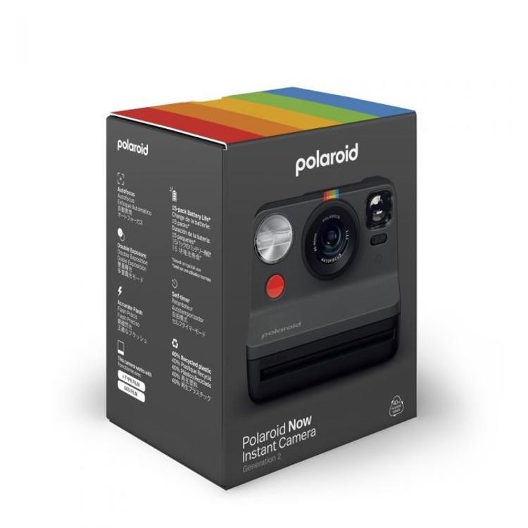 Škatla Polaroid Now 2 (Gen 2), zadnja stran s sliko fotoaparata in tehničnimi podatki.