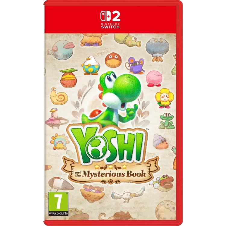 Copilot said: Yoshi and the Mysterious Book za Nintendo Switch 2, uradna naslovnica z Yoshijem in liki iz zgodbe, ilustriran knjižni slog, PEGI 7.