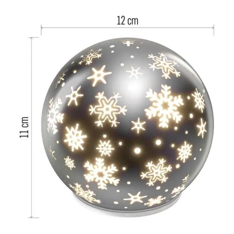 Božična steklena krogla snežinke LED, 12 cm, 3x AA, notranji, topla bela