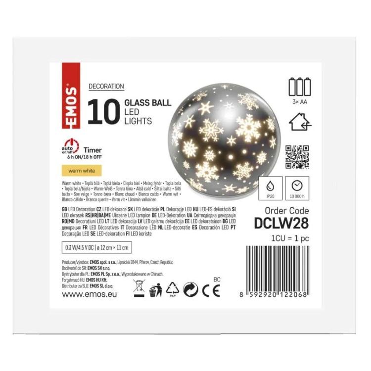 Božična steklena krogla snežinke LED, 12 cm, 3x AA, notranji, topla bela