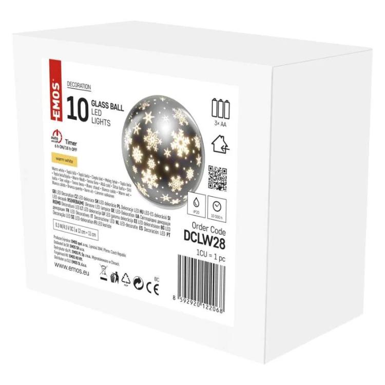 Božična steklena krogla snežinke LED, 12 cm, 3x AA, notranji, topla bela