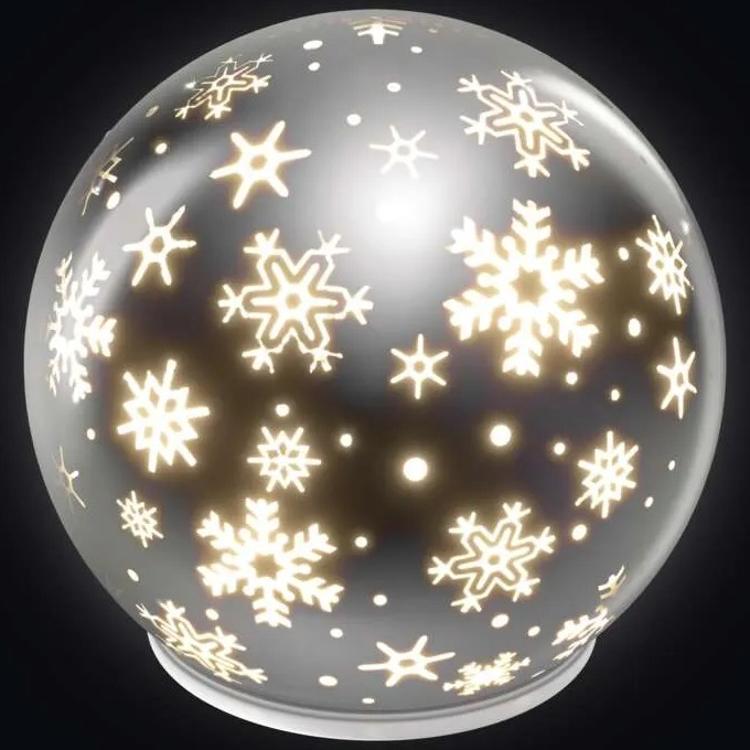 Božična steklena krogla snežinke LED, 12 cm, 3x AA, notranji, topla bela