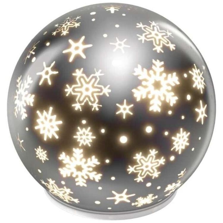 Božična steklena krogla snežinke LED, 12 cm, 3x AA, notranji, topla bela