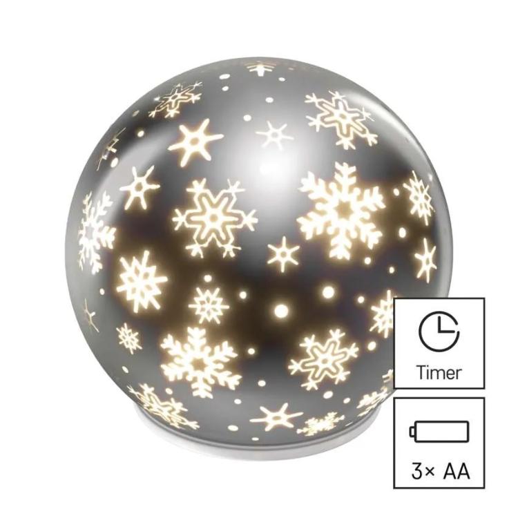 Božična steklena krogla snežinke LED, 12 cm, 3x AA, notranji, topla bela