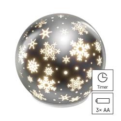 Božična steklena krogla snežinke LED, 12 cm, 3x AA, notranji, topla bela