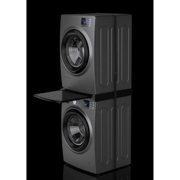 Vezni člen z izvlečno polico med zloženim pralnim in sušilnim strojem