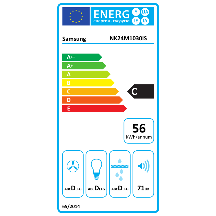 Energijska nalepka za kuhinjsko napo Samsung NK24M1030IS z energijskim razredom C, letno porabo 56 kWh, razredom učinkovitosti ventilatorja D, osvetlitve D, filtracije maščob D in glasnostjo 71 dB.