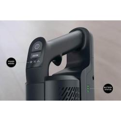 Upravljalni del baterijskega sesalnika Hoover HF1M10H z gumbom za izbiro moči in LED prikazom stanja baterije.