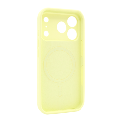 Rumen silikonski ovitek N‑Soft Magnetic za iPhone 17 Pro z vgrajenim MagSafe magnetnim obročem in natančnimi izrezi za kamere.