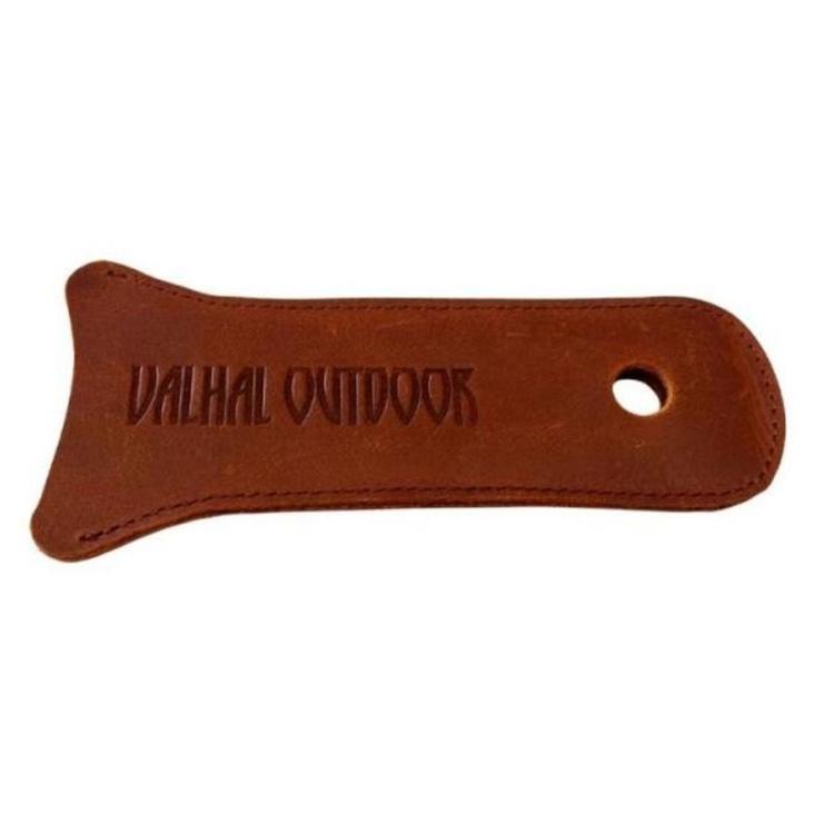 Valhal Outdoor usnjen zaščitni tulec za ročaj v rjavi barvi, prikazan z vtisnjenim logotipom Valhal Outdoor.