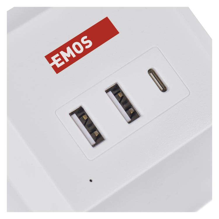 Podaljšek Emos kocka 2 m / 2 vtičnice / beli / 2×USB-A+1×USB-C+Qi / 1,5 mm2