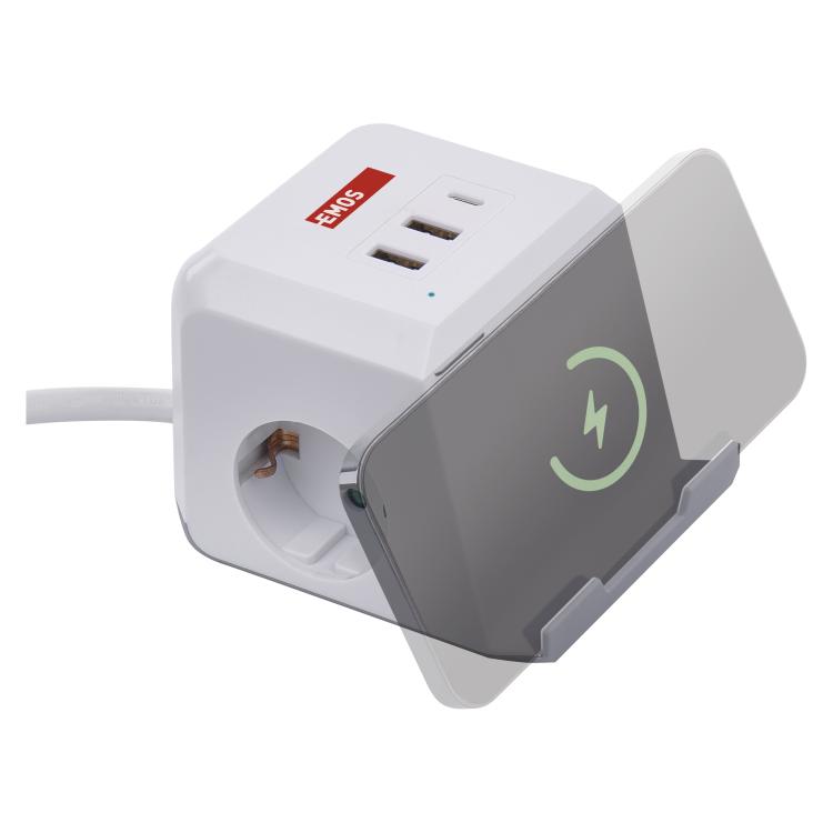 Podaljšek Emos kocka 2 m / 2 vtičnice / beli / 2×USB-A+1×USB-C+Qi / 1,5 mm2