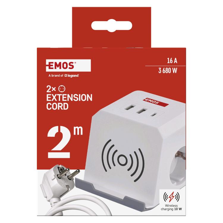 Podaljšek Emos kocka 2 m / 2 vtičnice / beli / 2×USB-A+1×USB-C+Qi / 1,5 mm2