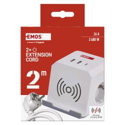 Podaljšek Emos kocka 2 m / 2 vtičnice / beli / 2×USB-A+1×USB-C+Qi / 1,5 mm2