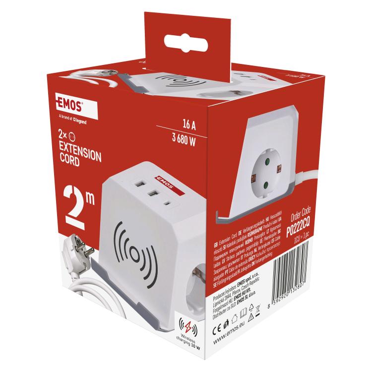 Podaljšek Emos kocka 2 m / 2 vtičnice / beli / 2×USB-A+1×USB-C+Qi / 1,5 mm2