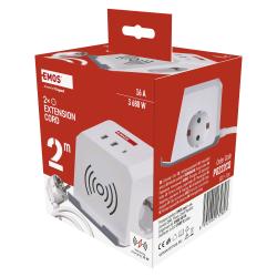 Podaljšek Emos kocka 2 m / 2 vtičnice / beli / 2×USB-A+1×USB-C+Qi / 1,5 mm2