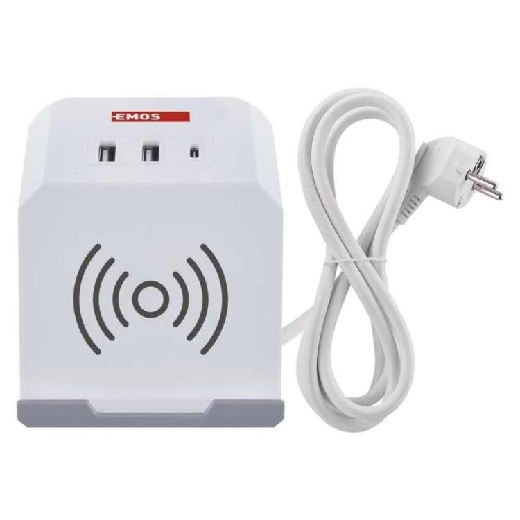 Podaljšek Emos kocka 2 m / 2 vtičnice / beli / 2×USB-A+1×USB-C+Qi / 1,5 mm2