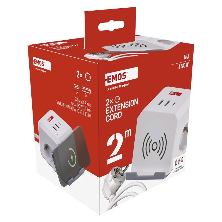 Podaljšek Emos kocka 2 m / 2 vtičnice / beli / 2×USB-A+1×USB-C+Qi / 1,5 mm2