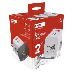 Podaljšek Emos kocka 2 m / 2 vtičnice / beli / 2×USB-A+1×USB-C+Qi / 1,5 mm2