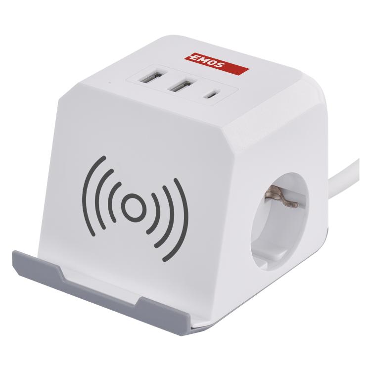 Podaljšek Emos kocka 2 m / 2 vtičnice / beli / 2×USB-A+1×USB-C+Qi / 1,5 mm2
