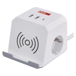 Podaljšek Emos kocka 2 m / 2 vtičnice / beli / 2×USB-A+1×USB-C+Qi / 1,5 mm2