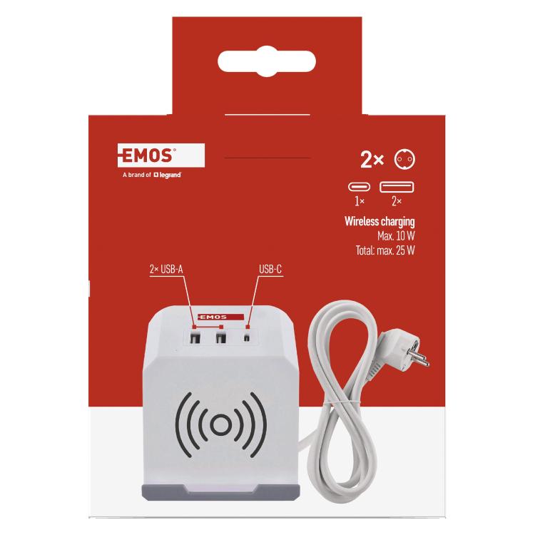 Podaljšek Emos kocka 2 m / 2 vtičnice / beli / 2×USB-A+1×USB-C+Qi / 1,5 mm2