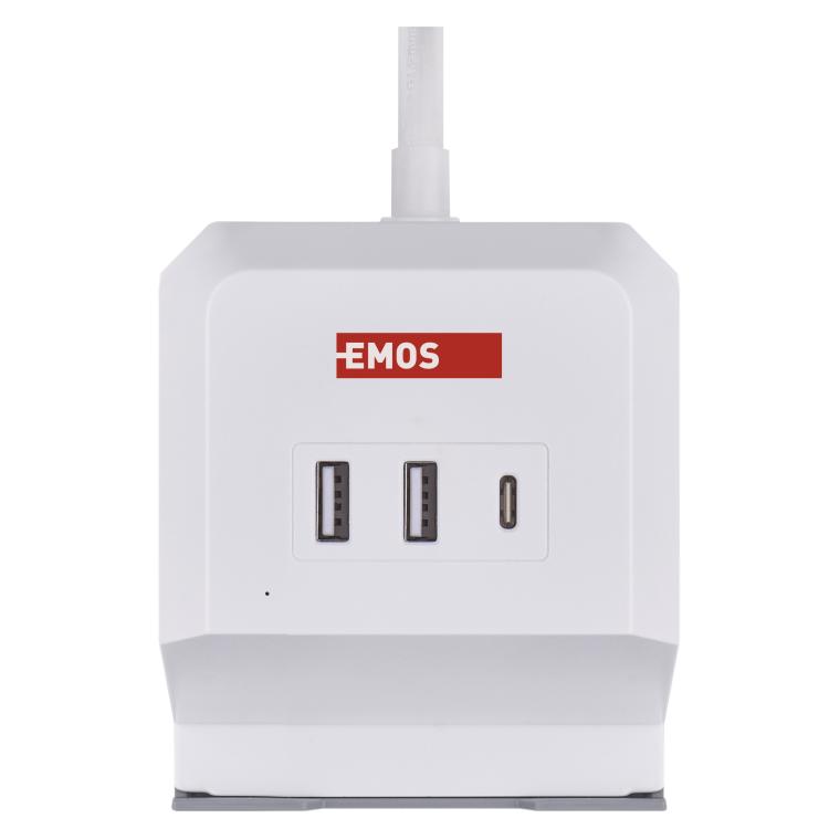 Podaljšek Emos kocka 2 m / 2 vtičnice / beli / 2×USB-A+1×USB-C+Qi / 1,5 mm2