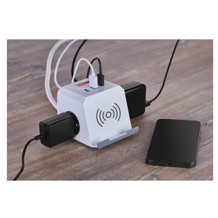 Podaljšek Emos kocka 2 m / 2 vtičnice / beli / 2×USB-A+1×USB-C+Qi / 1,5 mm2