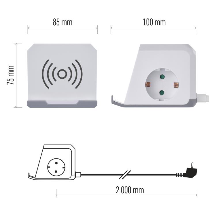 Podaljšek Emos kocka 2 m / 2 vtičnice / beli / 2×USB-A+1×USB-C+Qi / 1,5 mm2