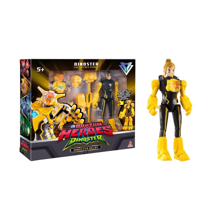 Akcijska figura Dinoster Delby z rumenim oklepom Quantum Heroes v embalaži, primerna za otroke 5+.