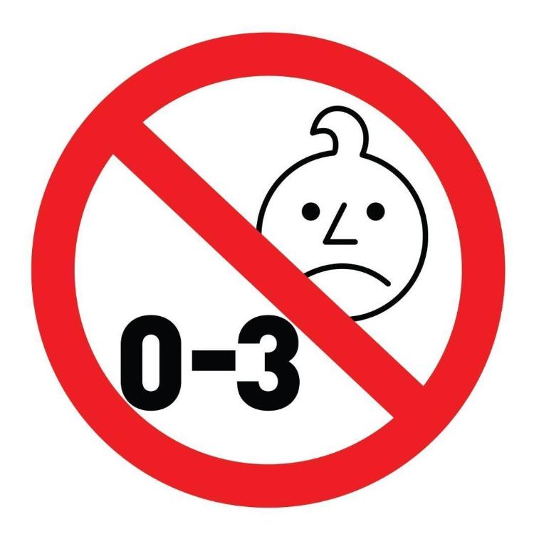 Opozorilni simbol prepovedi za otroke od 0 do 3 let zaradi majhnih delov.