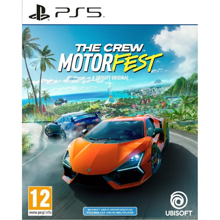 Igra The Crew Motorfest za PlayStation 5 v fizični embalaži, z dirkalnima športnima avtomobiloma na tropski otoški cesti in oznako PEGI 12.