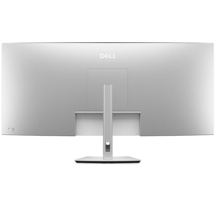 Zadnja stran Dell UltraSharp U5226KW 52‑palčnega ukrivljenega monitorja z elegantnim srebrnim stojalom in sistemom za urejanje kablov.