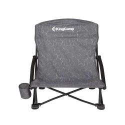 Nizek zložljiv kamping stol KingCamp v sivi barvi z držalom za pijačo in jeklenim ogrodjem.