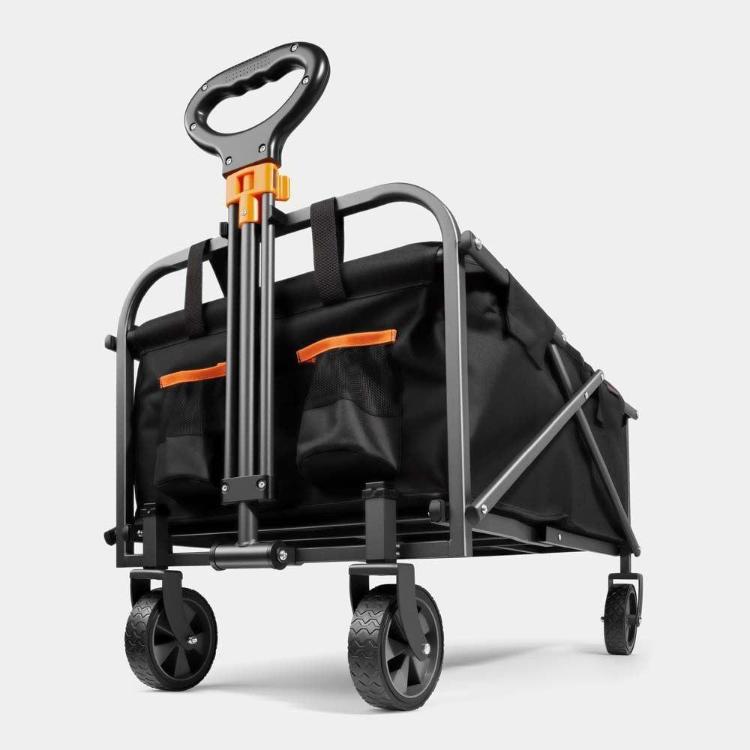 Zložljiv transportni voziček VonHaus s prostornino 70 litrov, nosilnostjo do 100 kg in robustno kovinsko konstrukcijo omogoča enostaven prevoz vrtnega orodja, kamping opreme, nakupov in drugih potrebščin.