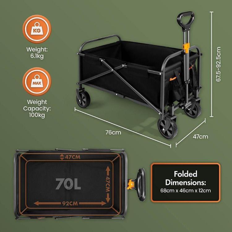 Zložljiv transportni voziček VonHaus s prostornino 70 litrov, nosilnostjo do 100 kg in vodoodporno tkanino omogoča enostaven prevoz vrtnega orodja, nakupov, kamping opreme in drugih potrebščin.